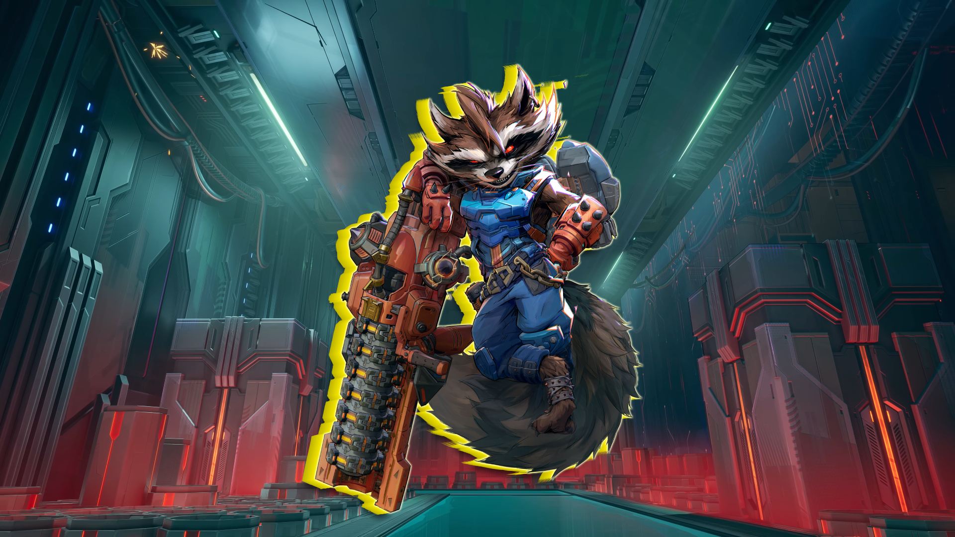 Rocket leans on his gun, outlined in yellow, against the Arakko map as a backdrop
