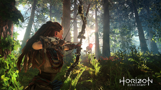 horizon zero dawn press assets: image of aloy hunting a watcher in the forest