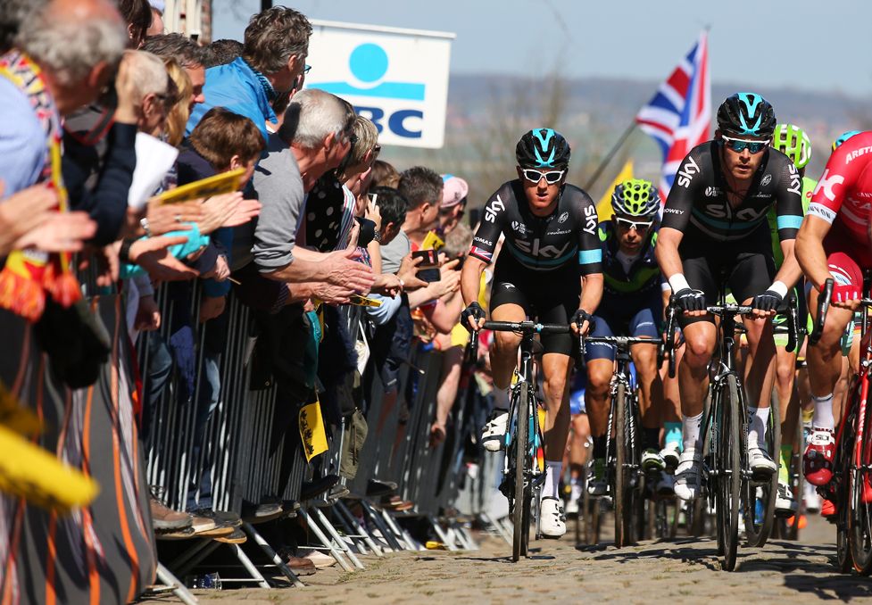 Luke Rowe leads Geraint Thomas at the Tour of Flanders