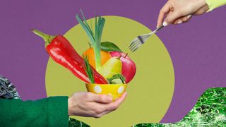 Collage of fruit and vegetable bowl with fork