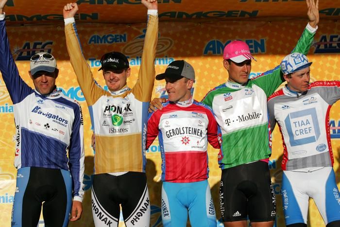 2006 Tour of California: The final podium - (L to R) Glen Chadwick (Navigators, most aggressive), Floyd Landis (Phonak, overall winner), Levi Leipheimer (Gerolsteiner, mountains), Olaf Pollack (T-Mobile, sprints), and Tom Peterson (TIAA-CREF, best young rider).