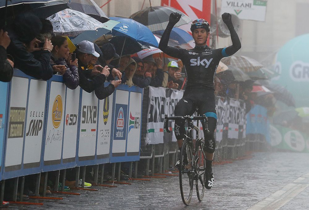 Ben Swift (Team Sky) celebrates a soggy stage win.