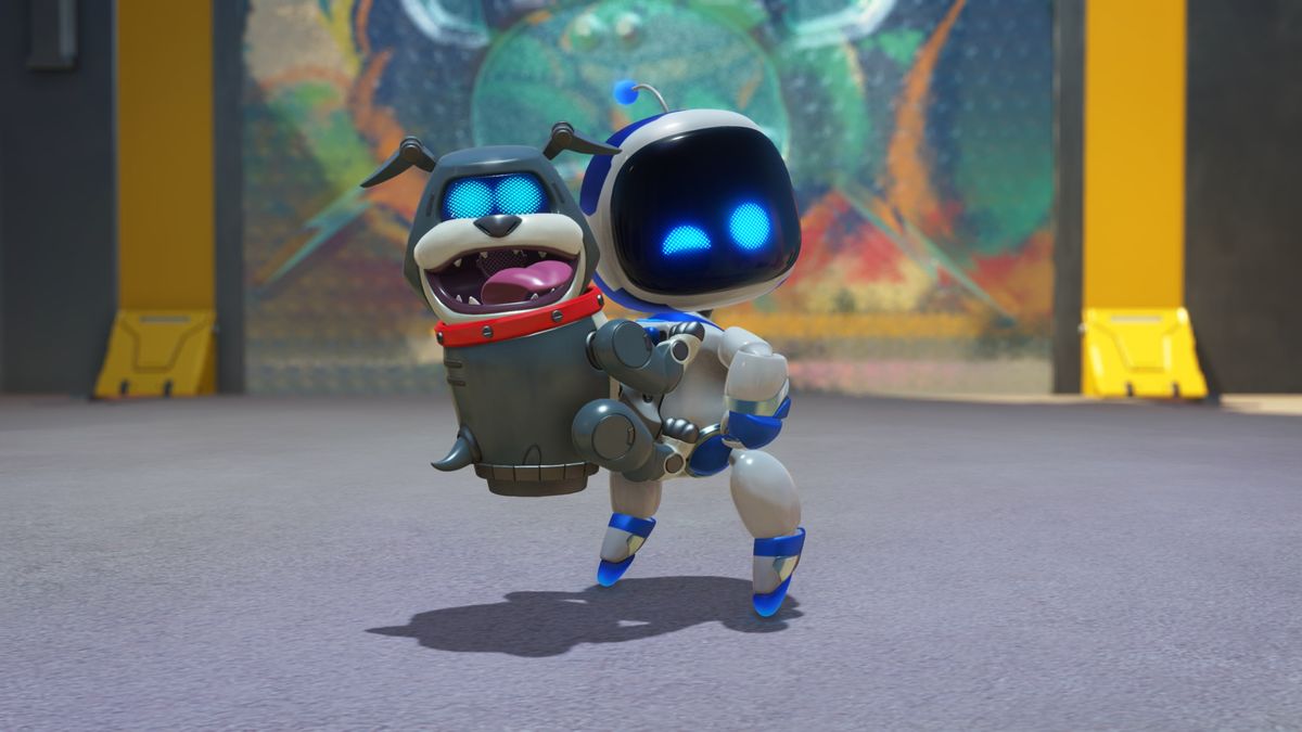 A screenshot from Astro Bot showing Astro Bot with a dog companion on his back