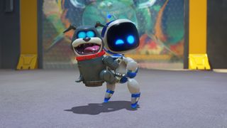 A screenshot from Astro Bot showing Astro Bot with a dog companion on his back