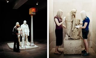 Visually impaired interacting with iconic sculptures