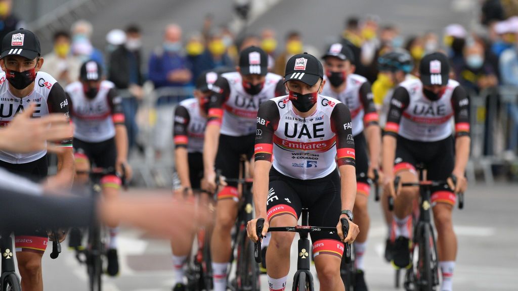 UAE Team Emirates riders pictured at the presentation of the teams participating in the 108th edition of the Tour de France cycling race in Brest France Thursday 24 June 2021 This years Tour de France is taking place from 26 June to 18 July 2021BELGA PHOTO DAVID STOCKMAN Photo by DAVID STOCKMANBELGA MAGAFP via Getty Images