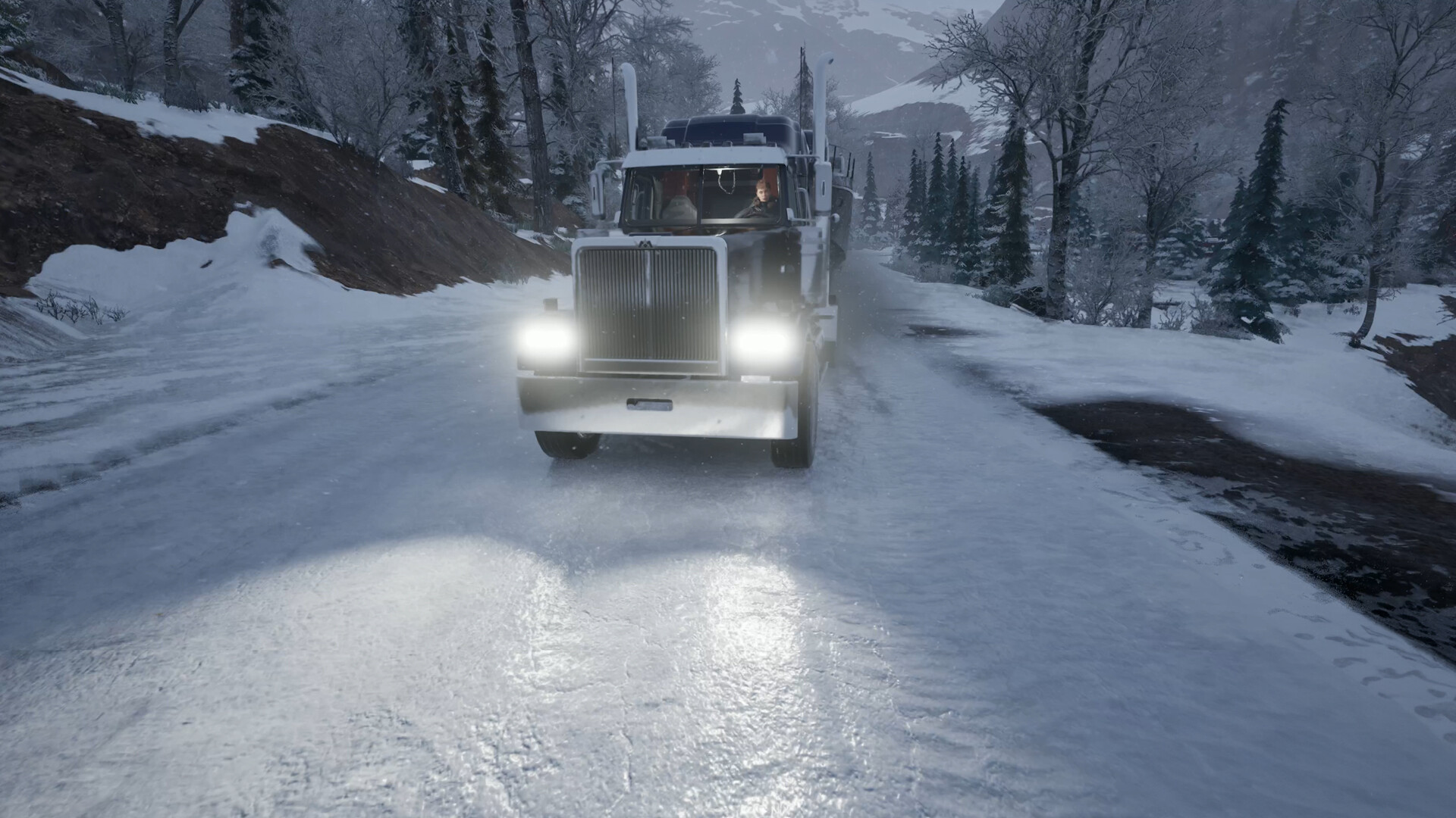 Ice Truckers is an open-world truck sim that might as well be a horror game judging by the levels of anxiety this frigid screenshot is giving me