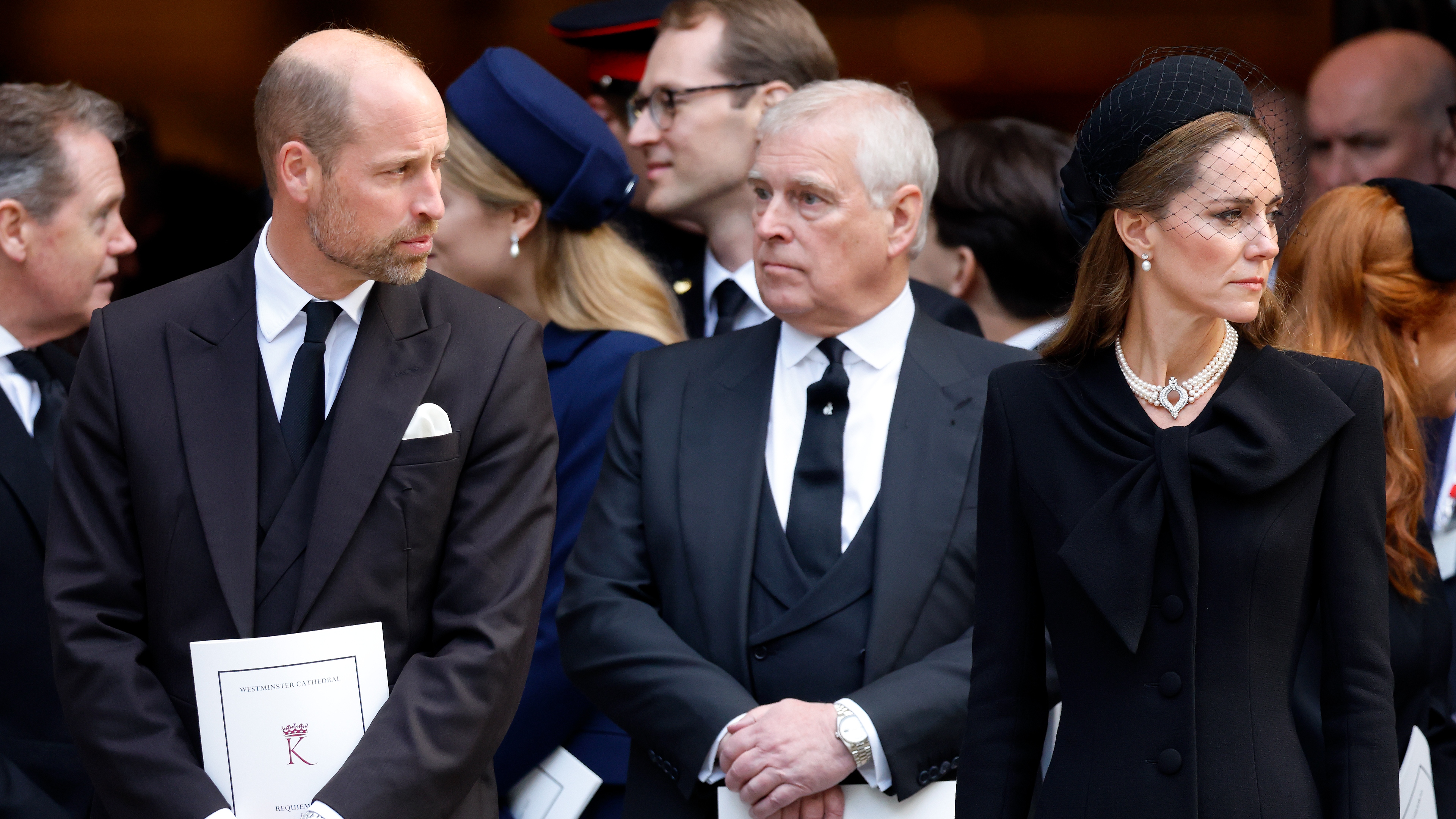 Prince William, Prince of Wales, Andrew and Catherine, Princess of Wales attend Katharine, Duchess of Kent's Requiem Mass service at Westminster Cathedral on September 16, 2025