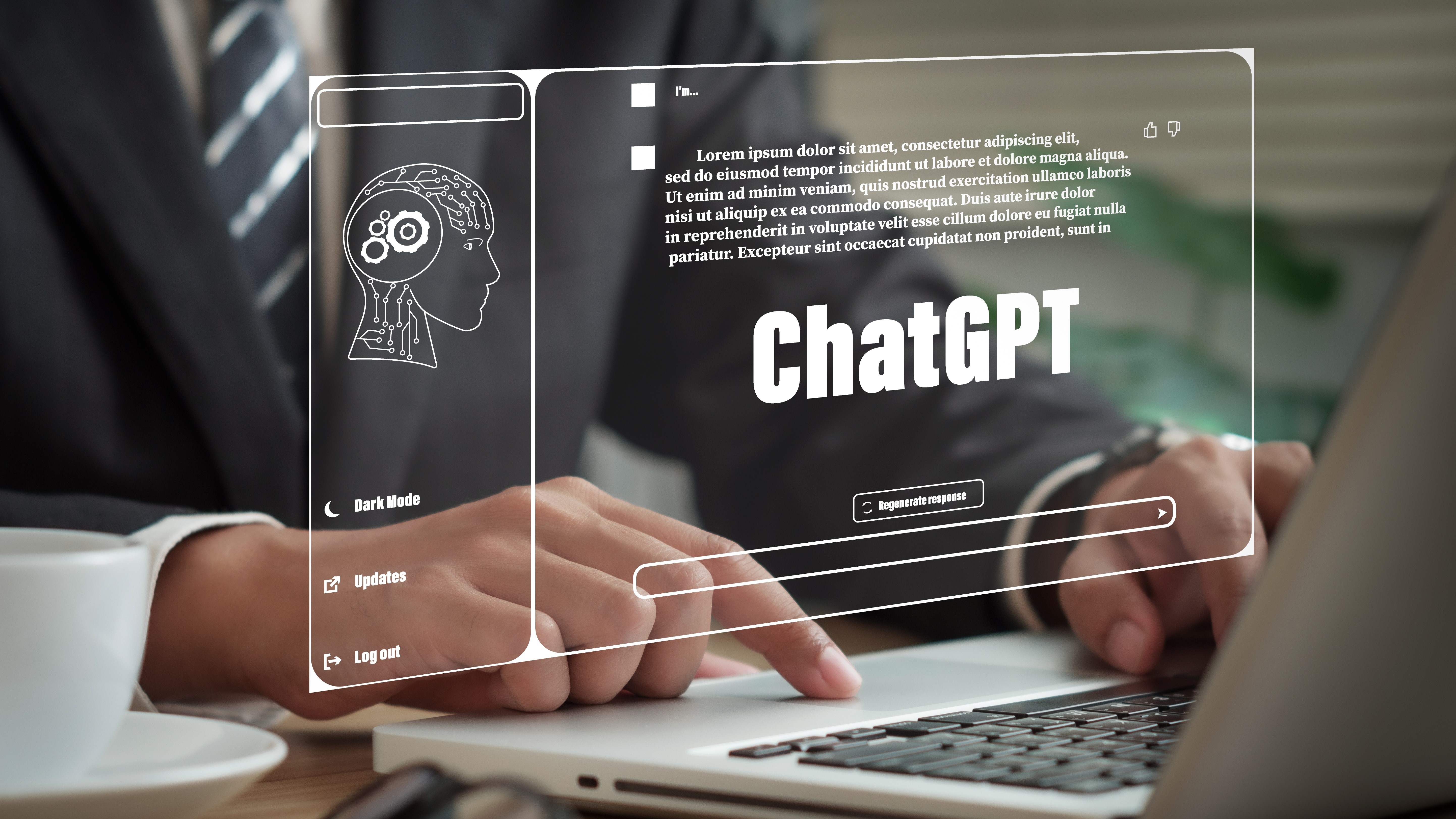 مردی با کت و شلوار با استفاده از لپ‌تاپ با نمایشگر پیش‌بینی‌شده که مدلی از رابط ChatGPT را نشان می‌دهد.