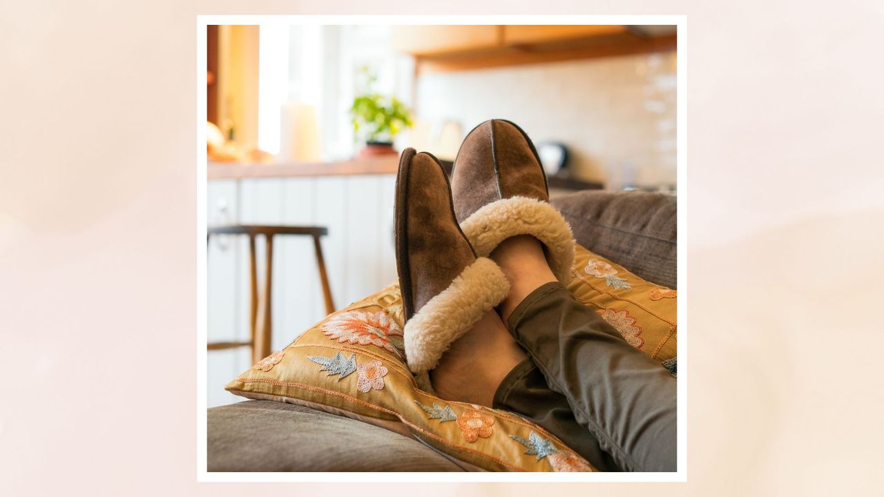 how to wash slippers - person with their legs up on the sofa wearing slippers