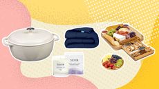 Amazon Christmas gifts graphic with a hot pot, blanket and cheese board on