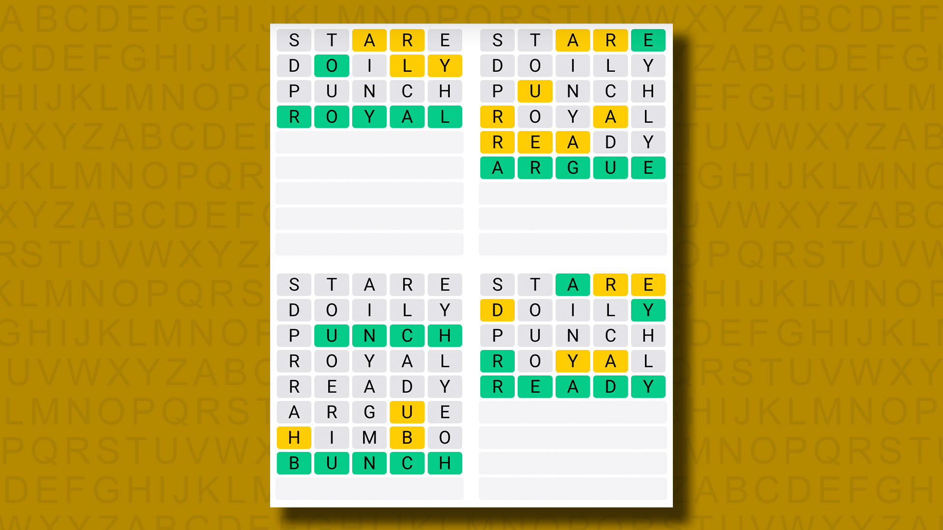 Quordle answers for game 1204 on a yellow background