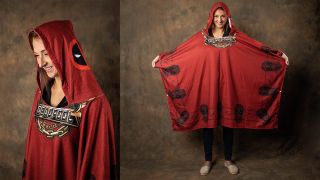 A girl wearing a Deadpool poncho, side and front views