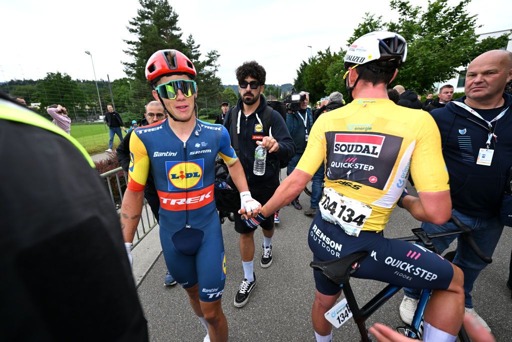 RUSCHLIKON SWITZERLAND JUNE 11 LR Stage winner Thibau Nys of Belgium and Team Lidl Trek and Yves Lampaert of Belgium and Team Soudal QuickStep Yellow Leader Jersey react after the 87th Tour de Suisse 2024 Stage 3 a 1617m stage from Steinmaur to Ruschlikon UCIWT on June 11 2024 in Ruschlikon Switzerland Photo by Tim de WaeleGetty Images