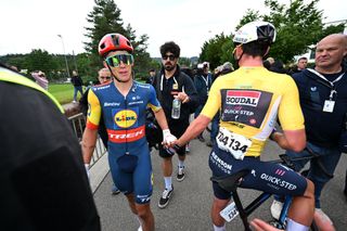 RUSCHLIKON SWITZERLAND JUNE 11 LR Stage winner Thibau Nys of Belgium and Team Lidl Trek and Yves Lampaert of Belgium and Team Soudal QuickStep Yellow Leader Jersey react after the 87th Tour de Suisse 2024 Stage 3 a 1617m stage from Steinmaur to Ruschlikon UCIWT on June 11 2024 in Ruschlikon Switzerland Photo by Tim de WaeleGetty Images