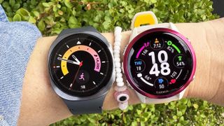 the Samsung Galaxy Watch 8 and Garmin Forerunner 570 on the wrist