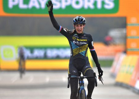 BOOM BELGIUM DECEMBER 06 Arrival Lucinda Brand of The Netherlands and Team Telenet Baloise Lions Celebration during the 6th Superprestige Cyclocross Boom 2020 Women Elite De Schorre Boom Superprestige2021 SPBoom SuperprestigeCX on December 06 2020 in Boom Belgium Photo by Luc ClaessenGetty Images