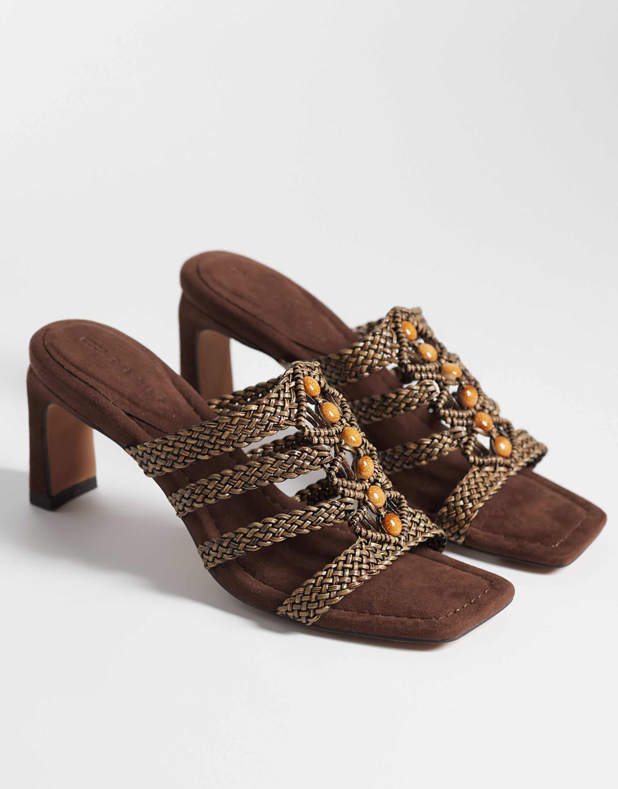 Asos Design Hide Beaded Weave Detail Mid Heeled Mules in Chocolate