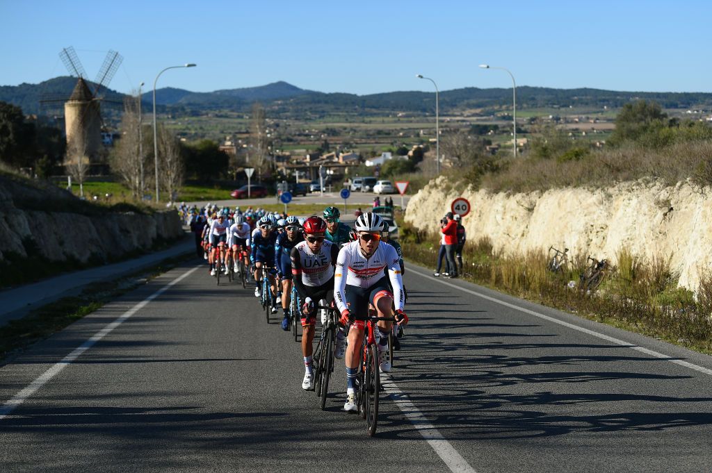PALMA SPAIN JANUARY 30 Dean Hoole of Netherlands and Team Trek Segafredo leads The Peloton during the 1st Challenge Ciclista Mallorca 2022 Trofeo Playa De PalmaPalma a 1691km race from Playa de Palma to Palma ChallengeMallorca on January 30 2022 in Palma Spain Photo by Dario BelingheriGetty Images
