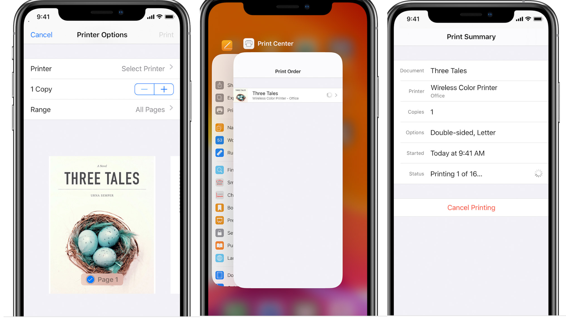 iPhone screenshots showing printing options, a print job summary, and an option to cancel printing