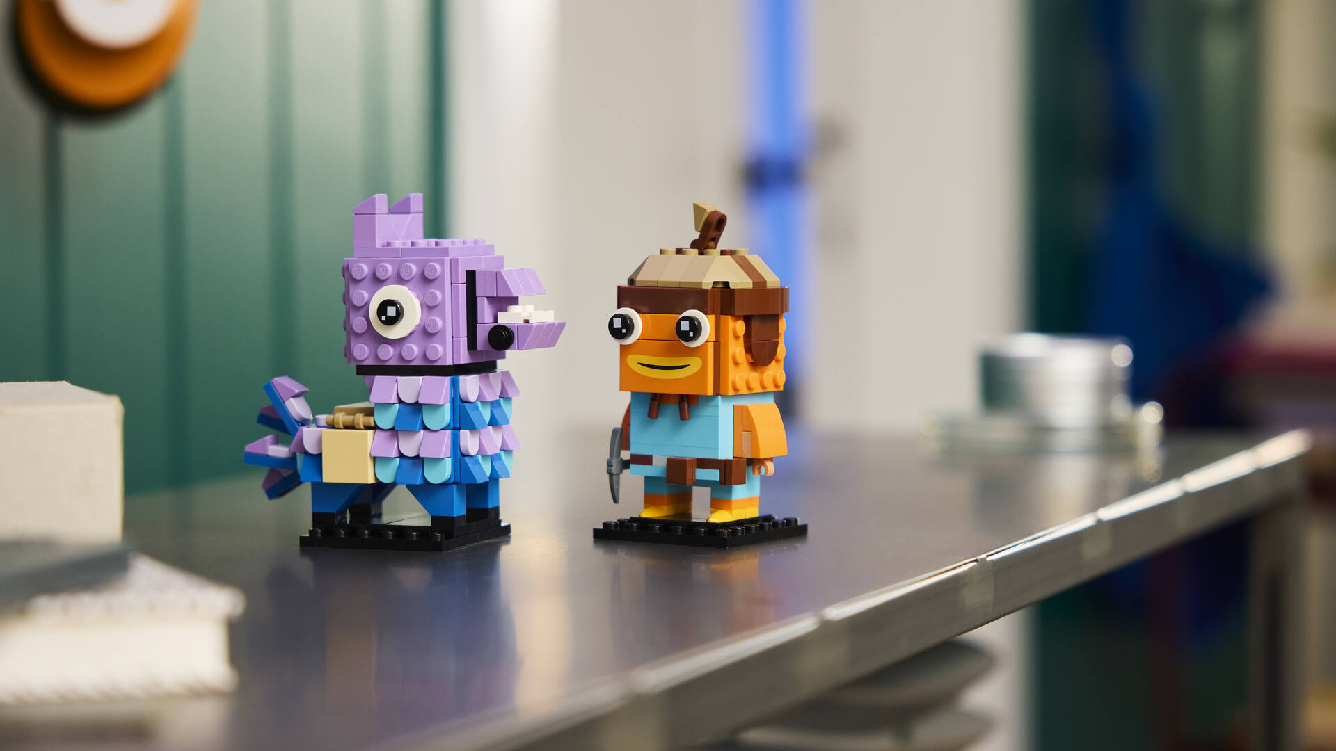 Lego Supply Llama &amp;amp; Fishstick on a metal shelf