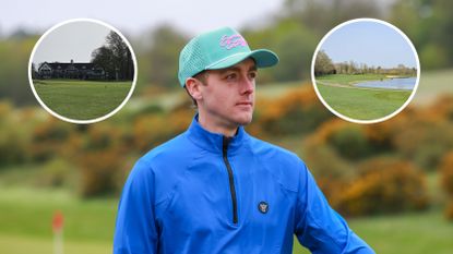 Main image of Jonny Leighfield looking on with two inset images of The Springs Golf Club (top left/right)