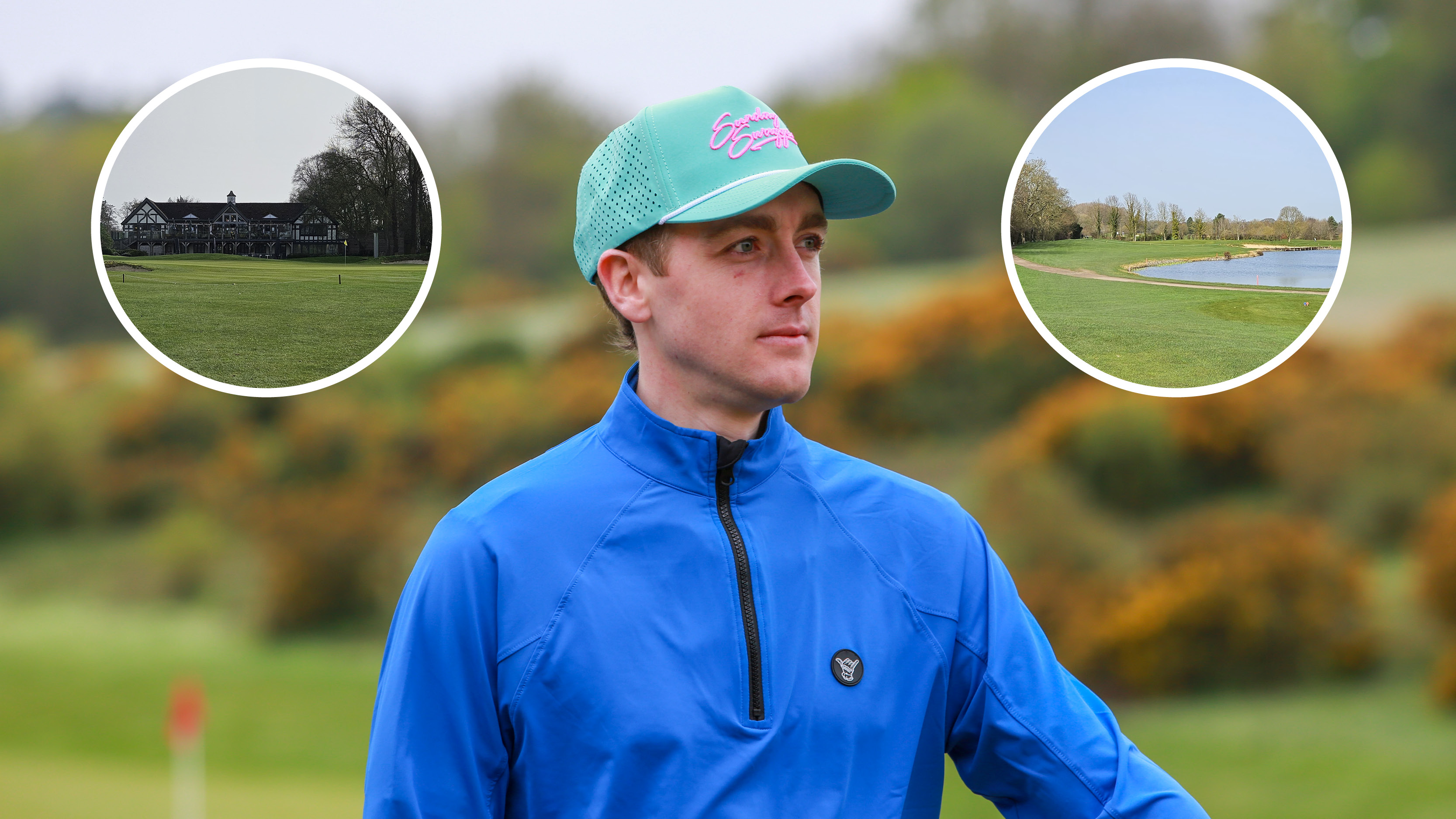 Main image of Jonny Leighfield looking on with two inset images of The Springs Golf Club (top left/right)