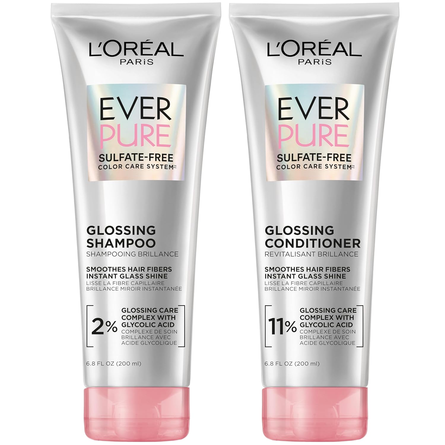 L&#039;oreal Paris Glossing Sulfate Free Shampoo and Conditioner Set With Glycolic Acid, Hair Care for Lasting Shine and Smoothness for Dull, Dry Hair, Everpure, 1 Kit