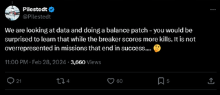 A post that reads: "We are looking at data and doing a balance patch - you would be surprised to learn that while the breaker scores more kills. It is not overrepresented in missions that end in success.... "