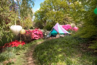 colorful tent by boutique camping at wedding