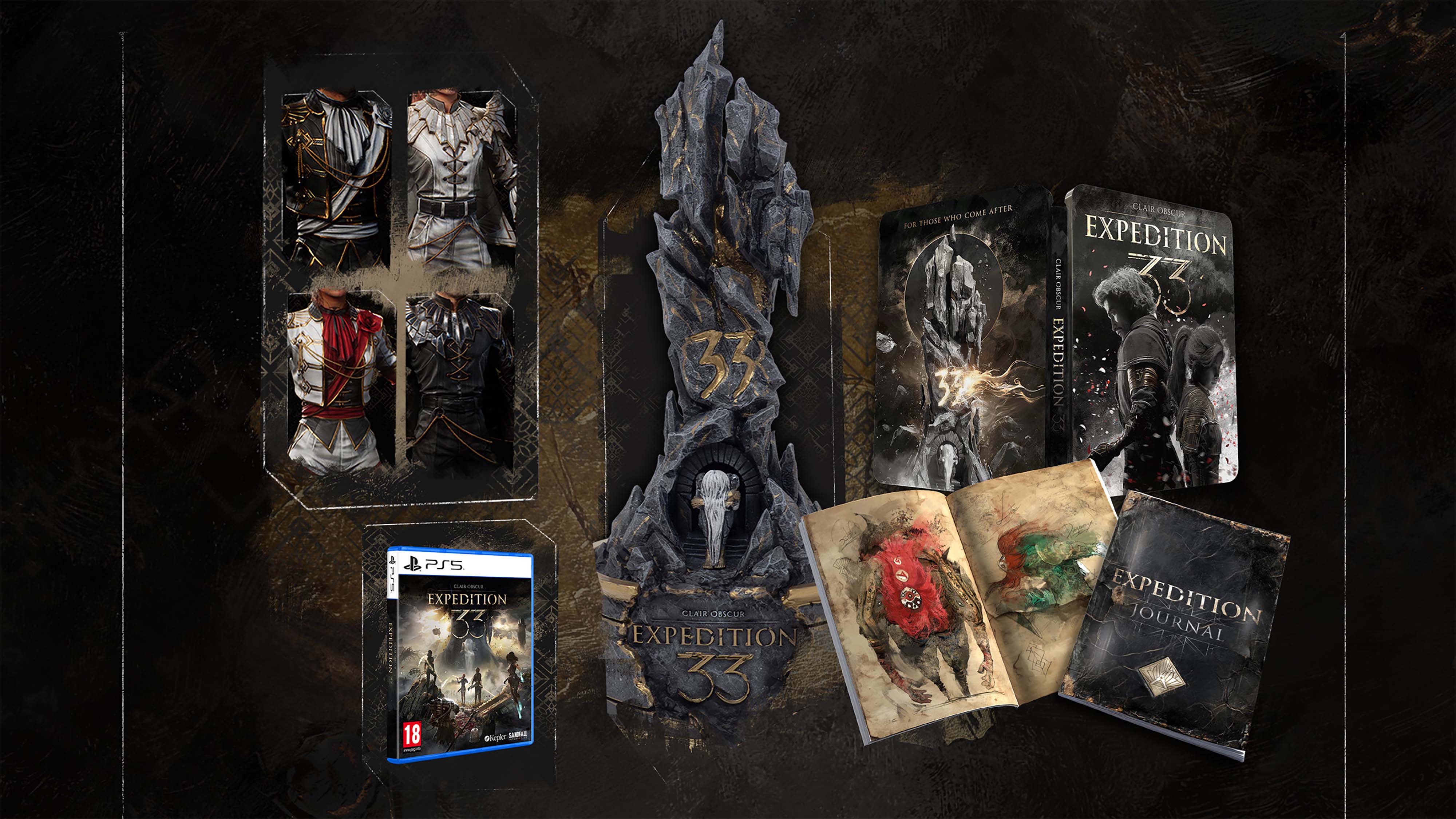 Clair Obscur: Expedition 33 Collectors Edition with DLC outfits, base game, monolith statuette, artbook, and steelbook.