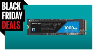 Nextorage 1TB internal SSD on turquoise background with Black Friday Deals logo