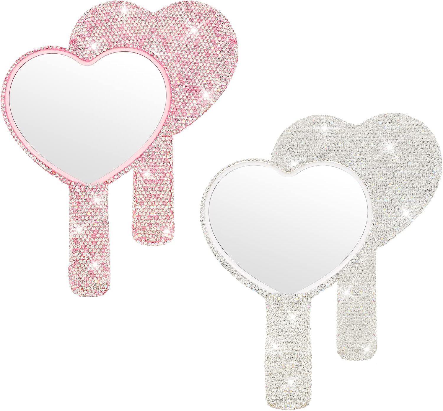 Tatuo 2 Pcs Rhinestone Mirror Handheld Bling Heart Lip Shaped Hand Mirror Glitter Cosmetic With Handle Portable Cute Travel Makeup Lash for Women (pink and White)