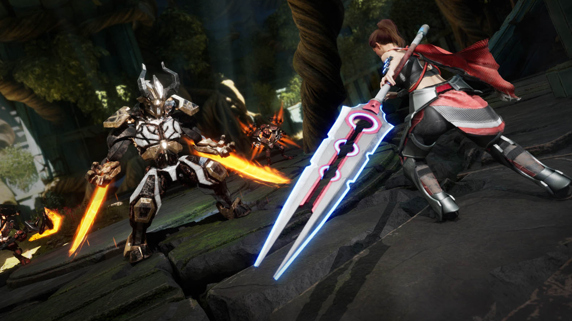 Using a huge glaive to attack a dual wielding enemy in Empyreal, cropped in for the review header image