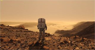 a lone astronaut looks out over the desolate red Mars landscape