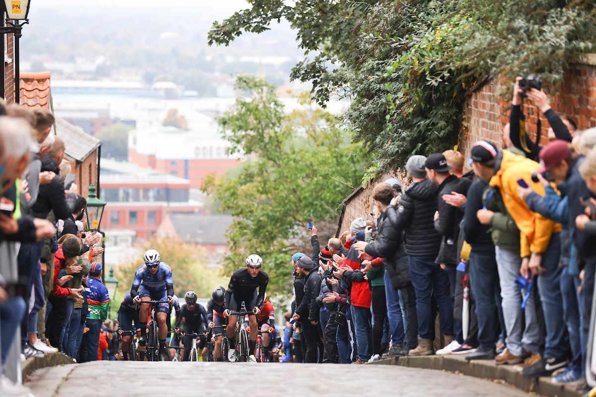 Picture by Alex Whitehead/SWpix.com - 17/10/2021 - Cycling - Men's National Road Championships - Rapha Lincoln GP - Lincoln, England - Riders climb the cobbles of Michaelgate.