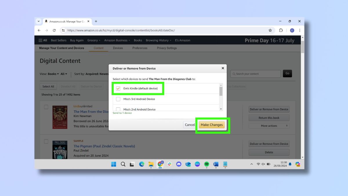 Screenshot showing how to send an ebook from Amazon Content and Devices - Select device