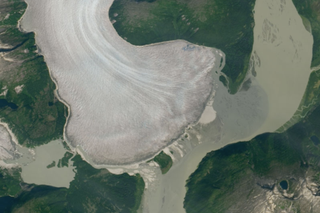 Satellite image shows the slow retreat of Taku Glacier in Alaska.