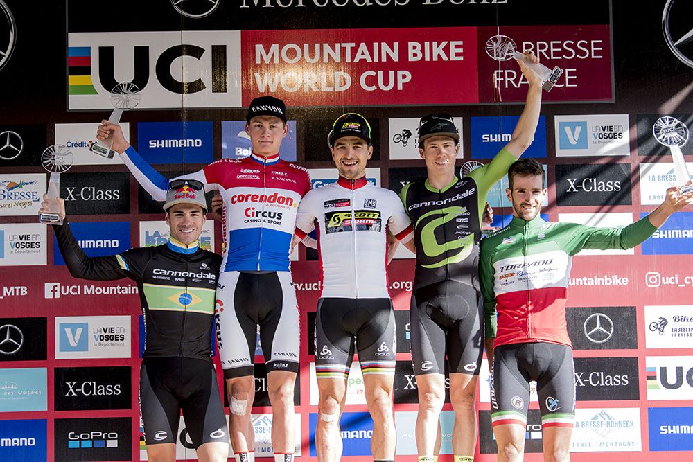 The final World Cup podium (L to R): Henrique Avancini, Mathieu van der Poel, Nino Schurter, Maxime Marotte, Gerhard Kerschbaumer