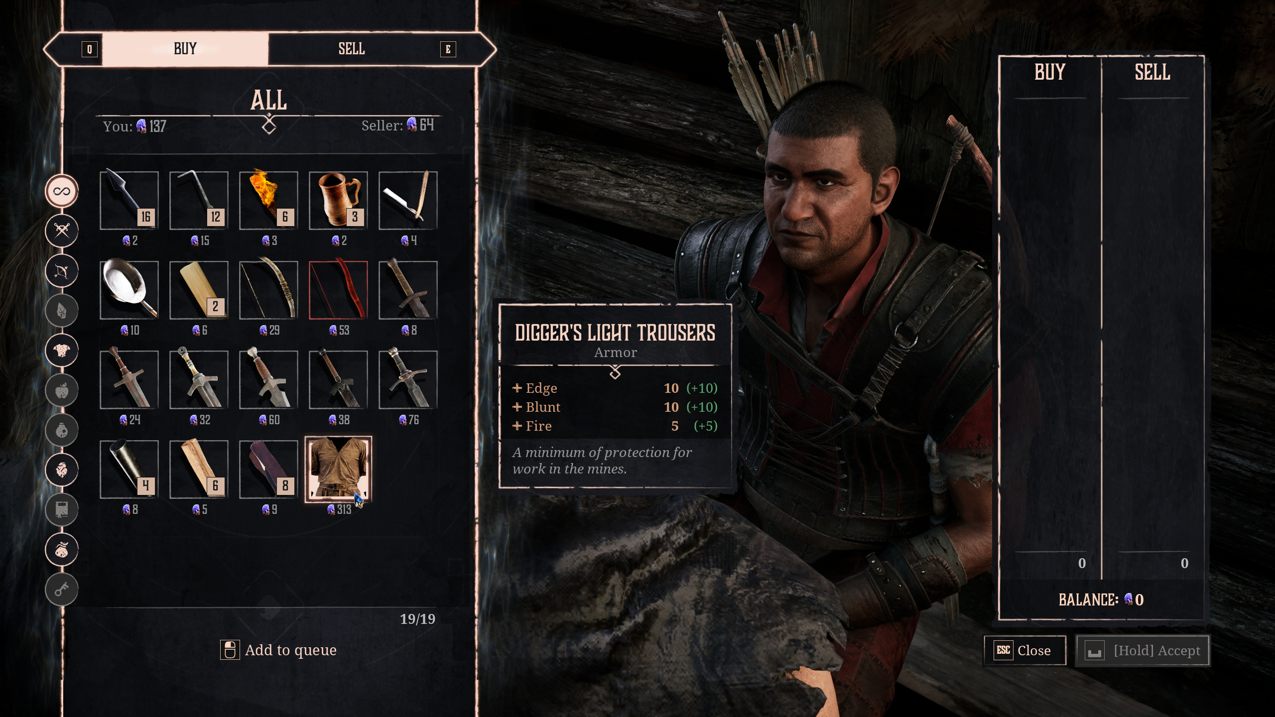 Gothic Remake armour: The Digger's Light Trousers armour in merchant Fisk's inventory screen.