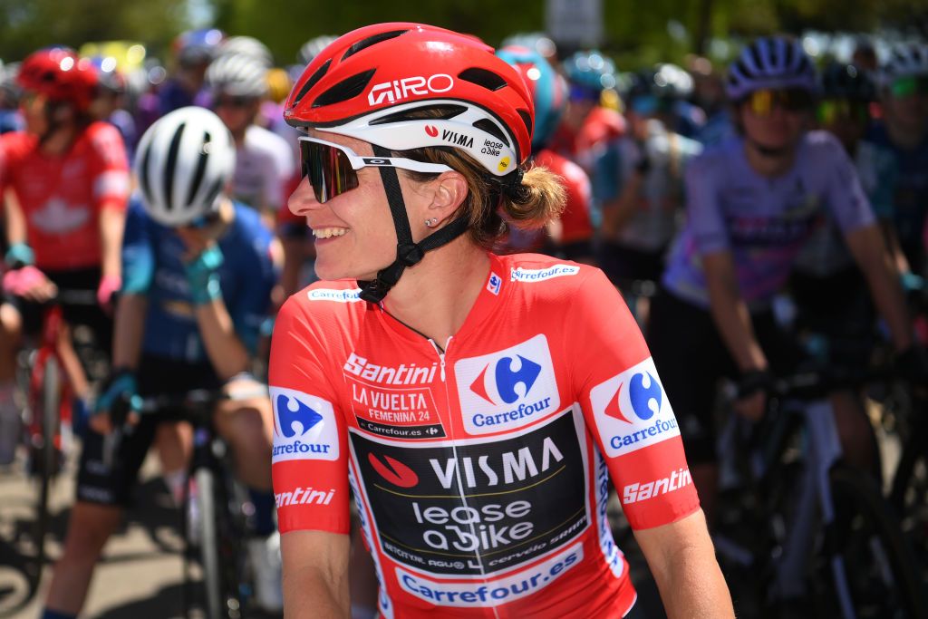 HUESCA SPAIN MAY 02 Marianne Vos of The Netherlands and Team Visma Lease a Bike Red Leader Jersey prior to the 10th La Vuelta Femenina 2024 Stage 5 a 1139km stage from Huesca to Alto del Fuerte Rapitan Jaca 1103m UCIWWT on May 02 2024 in Jaca Spain Photo by Alex BroadwayGetty Images