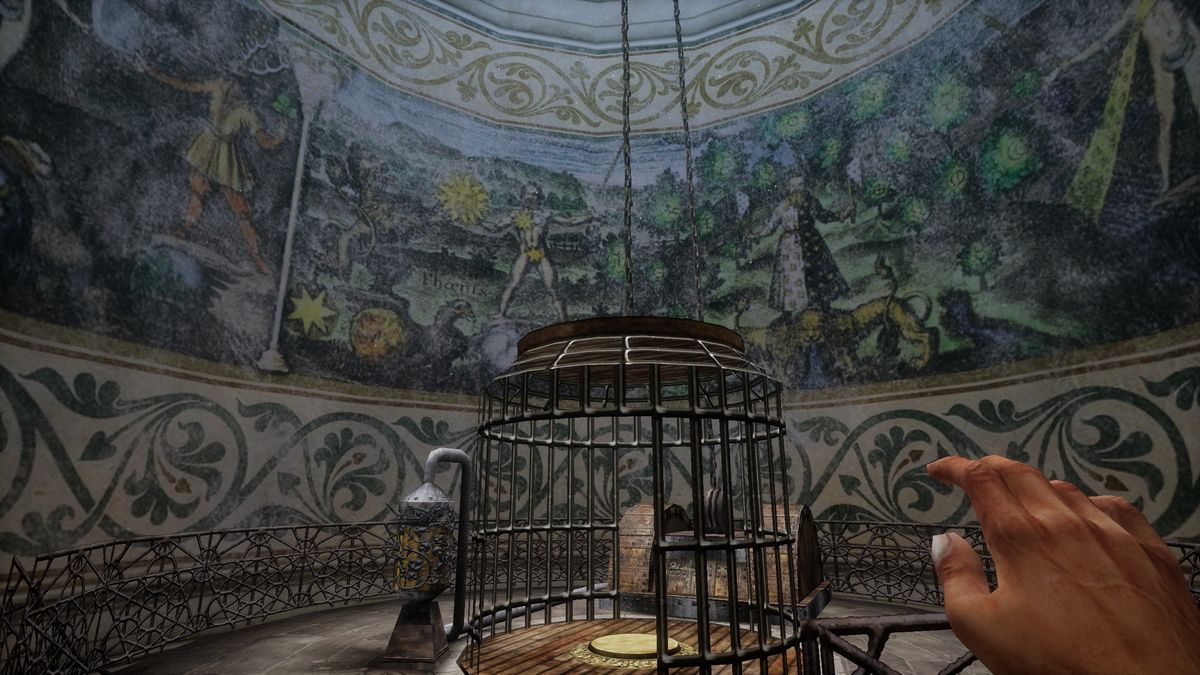 cage elevator in room with intricate paintings