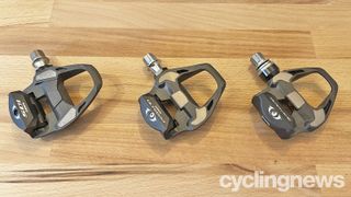 The Shimano 105, Ultegra and Dura-Ace pedals side by side