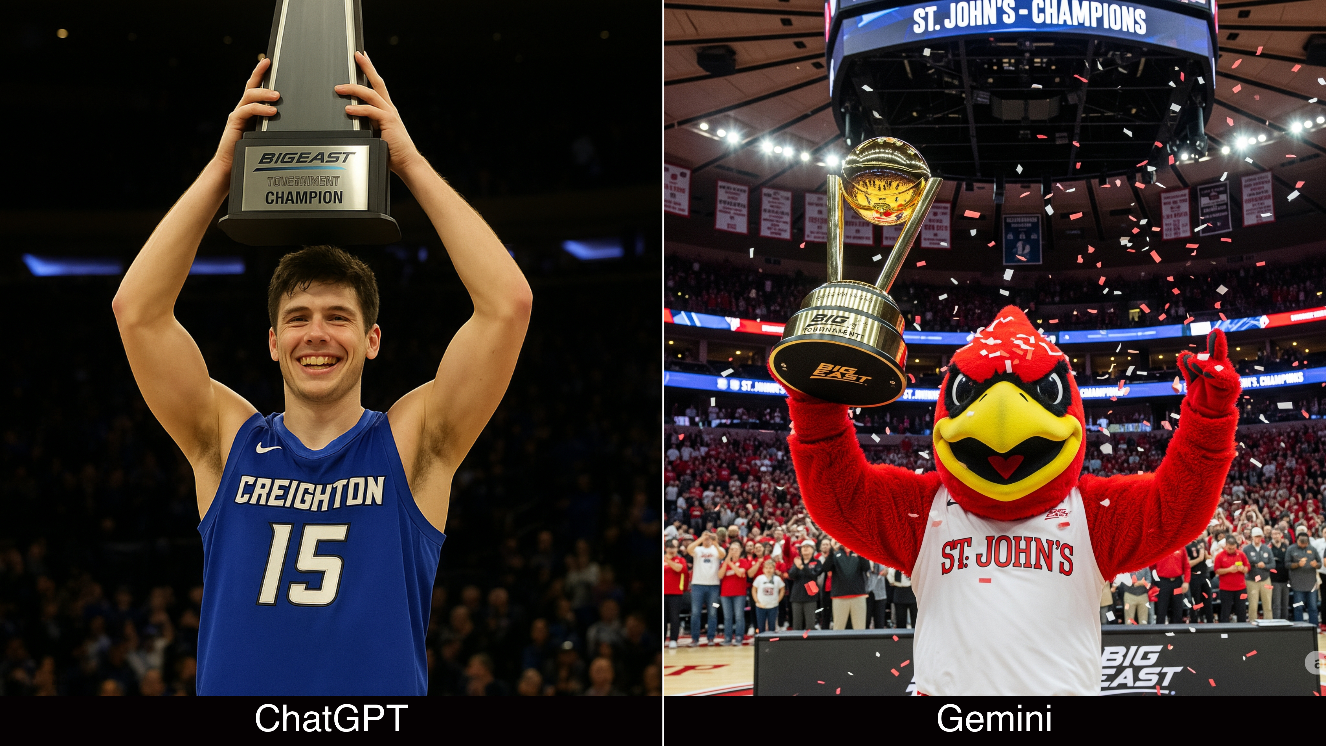 ChatGPT and Gemini respond to the prompt: "generate an image of Johnny Thunderbird holding up a Big East Tournament trophy at Madison Square Garden."
