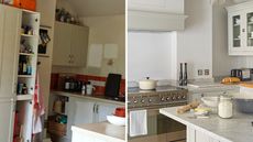 before and after images of kitchen with white walls and wooden flooring
