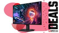Samsung's Odyssey OLED monitor on a pink deals background