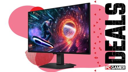 Samsung's Odyssey OLED monitor on a pink deals background