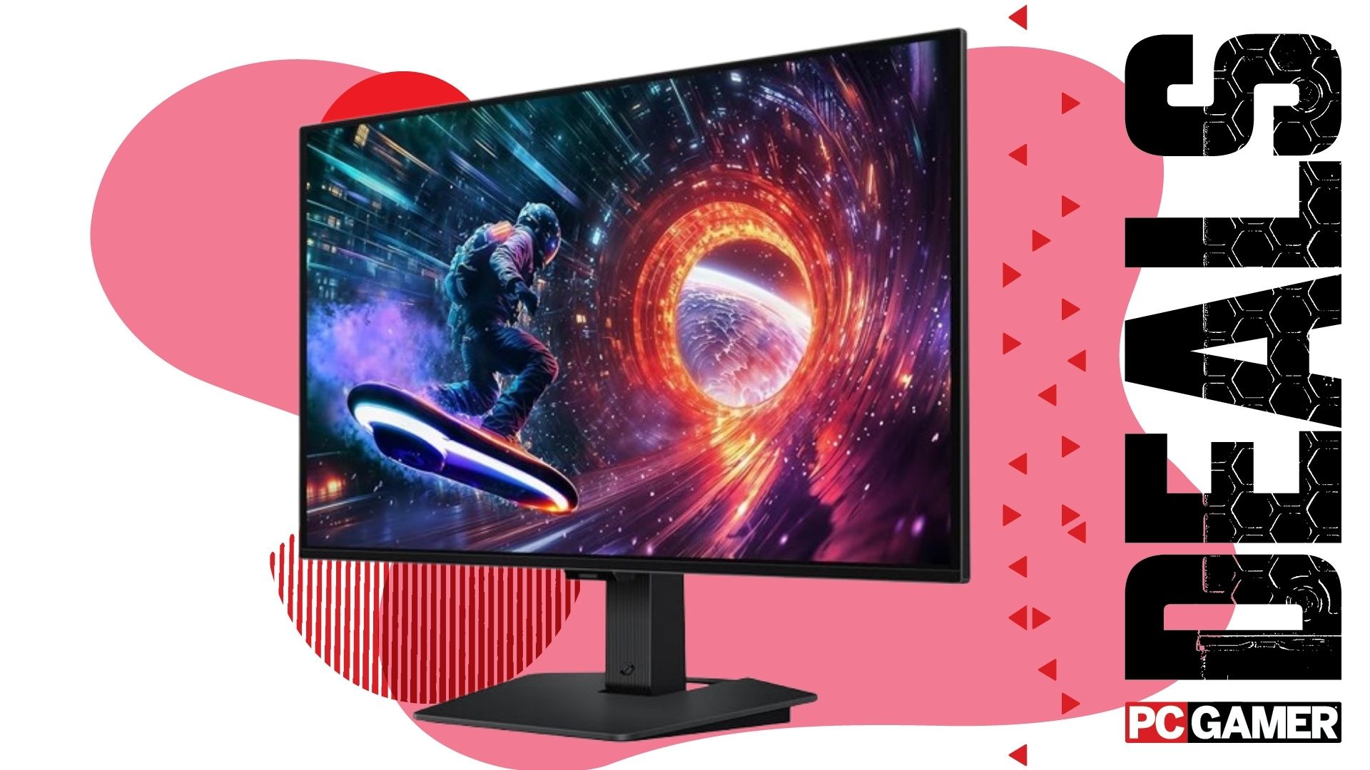 Samsung's Odyssey OLED monitor on a pink deals background