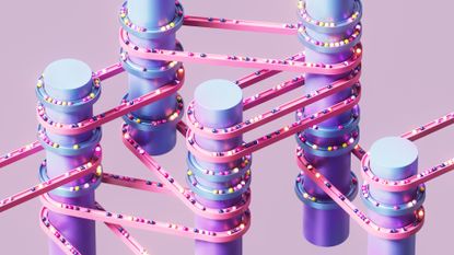 A series of purple vertical cylinders wrapped with pink and blue bands with various colored balls moving across them