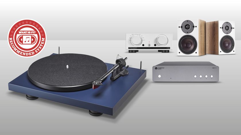 Vinyl and streaming hi-fi system composite picture on grey background